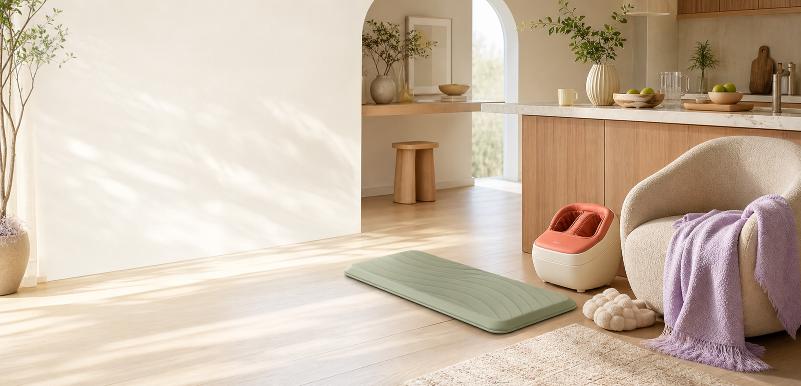 A calm home interior with an anti-fatigue mat and foot massager