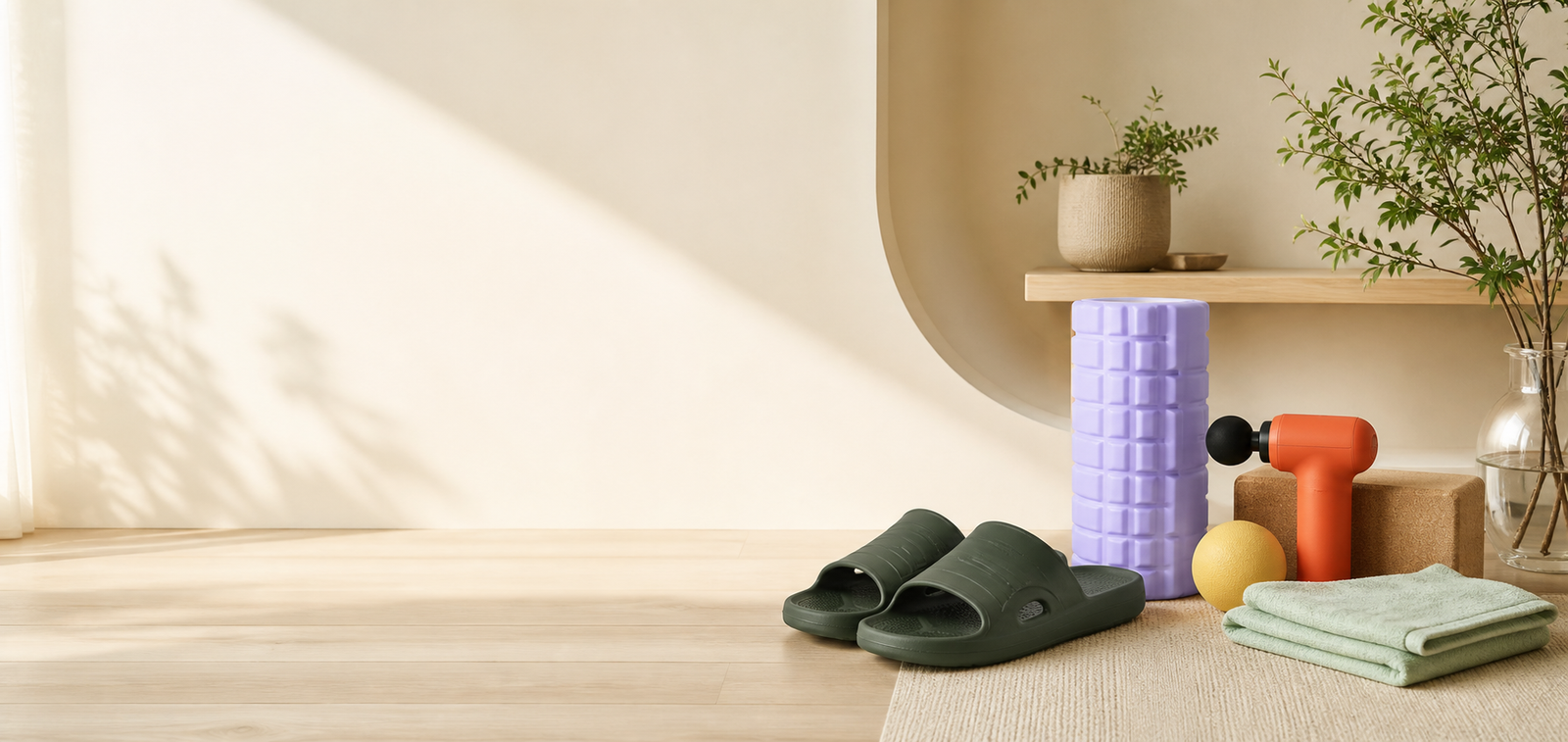 Recovery slides beside a foam roller, massage tool and mobility accessories