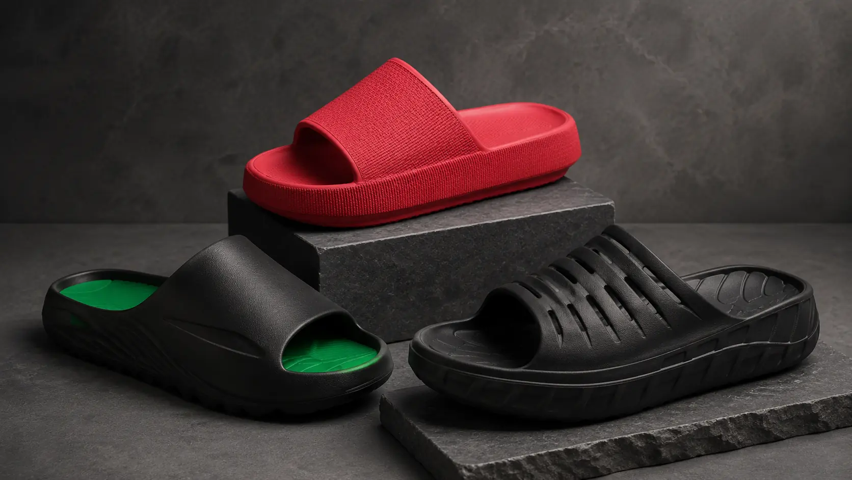 Three arch recovery slides in red and black on dark stone