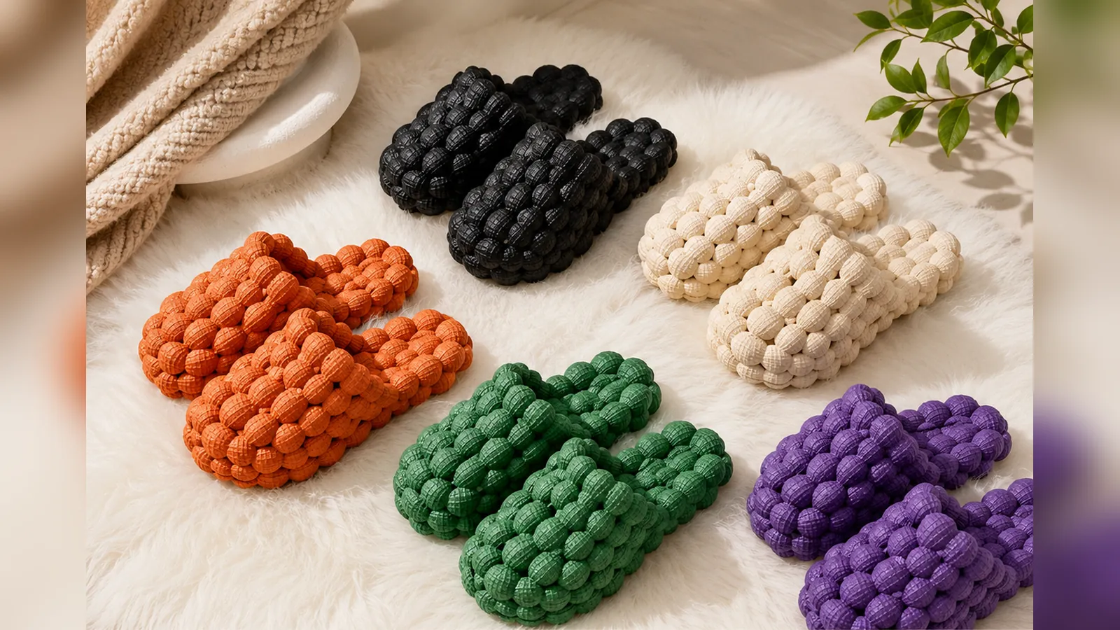 Woven bubble slides in orange, black, cream, green and purple on a fluffy rug