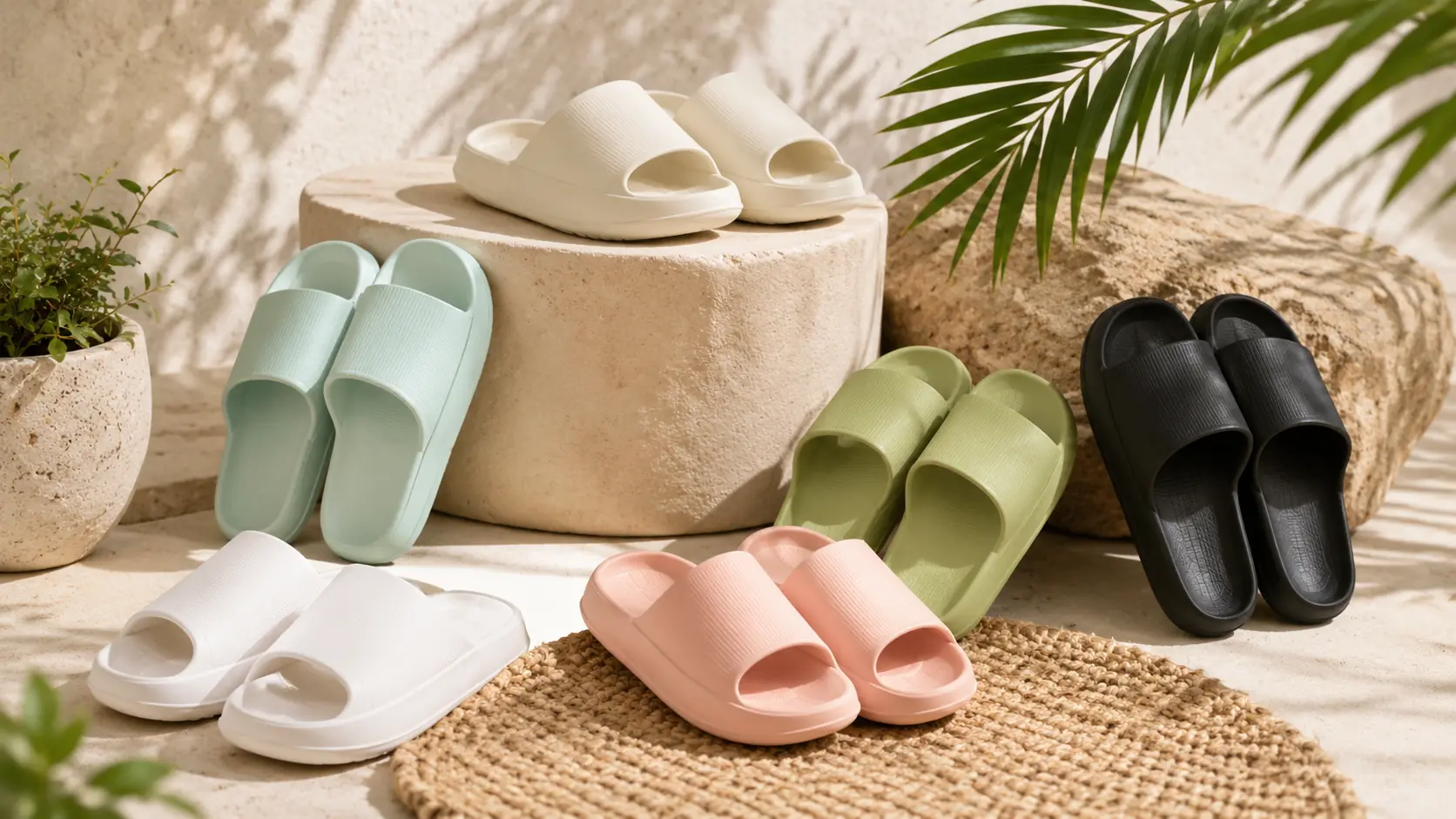 Cloud slippers in several neutral and pastel colours displayed in a warm studio