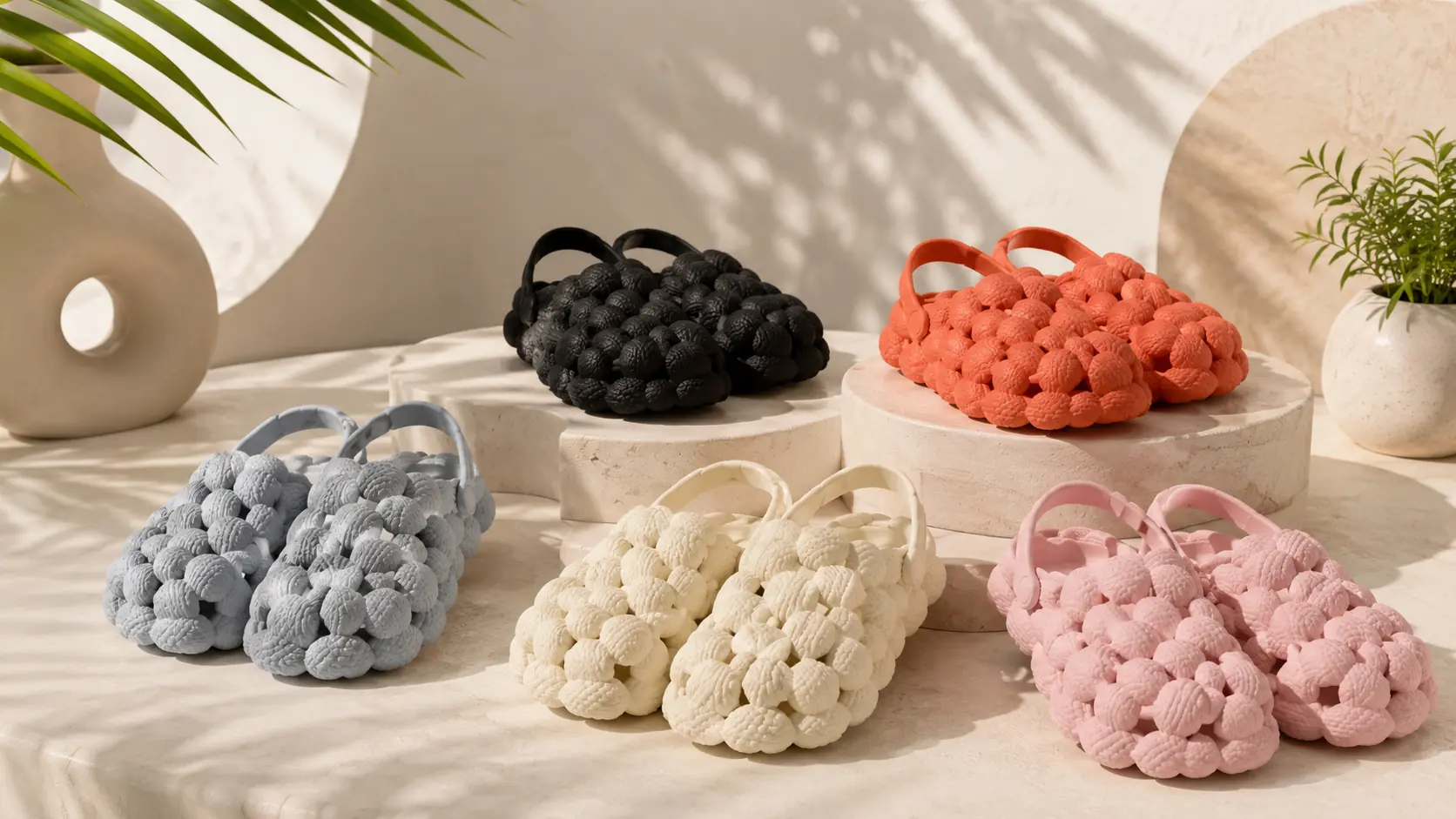 Soft colourful footwear displayed in a warm, sunlit studio